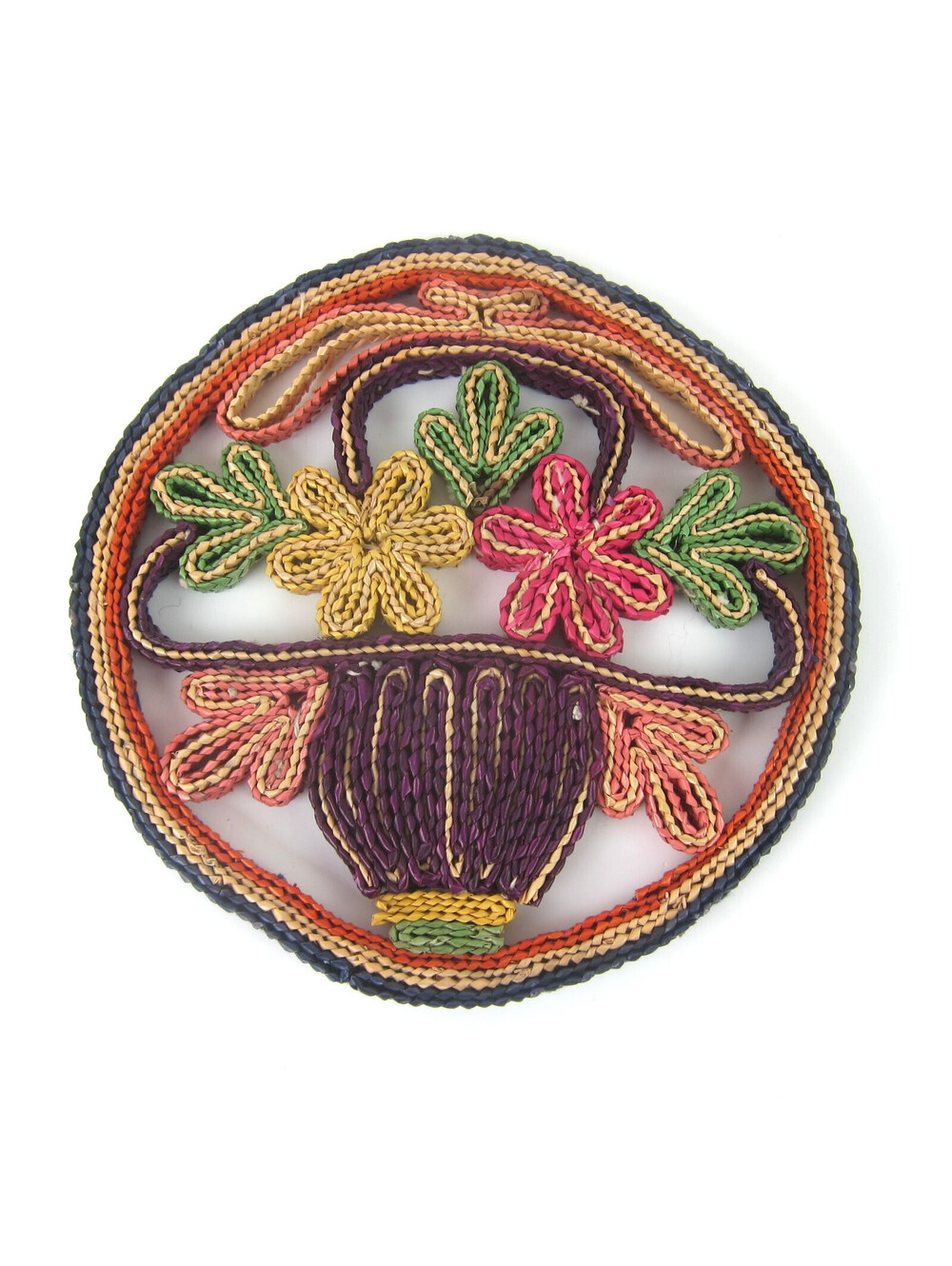 Vintage Raffia Straw Hot Pad Trivet 7.25" Flowers Rattan Wicker Boho Wall Decor